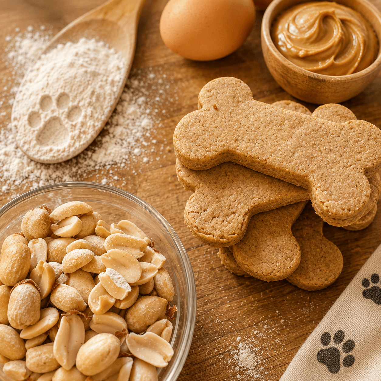 All-natural peanut butter dog treats with whole wheat flour, eggs, peanuts, and cinnamon for dogs.